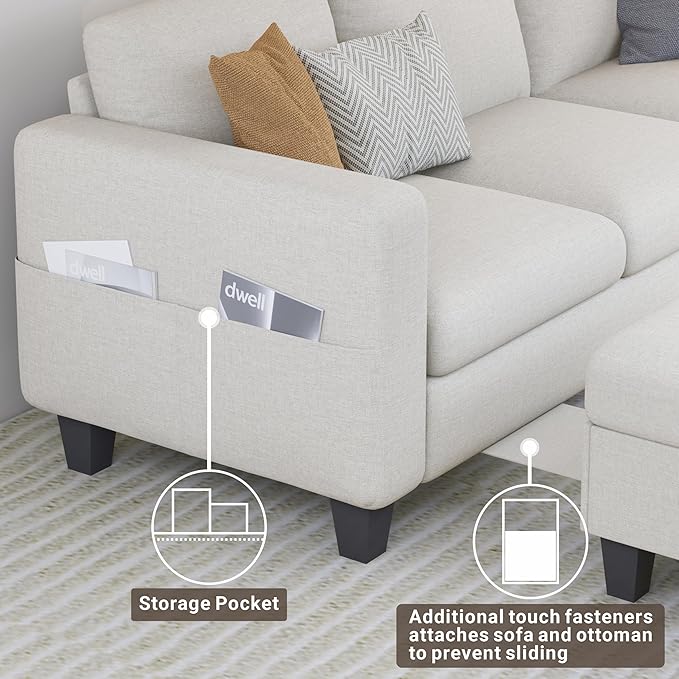Sectional Sofa Couches for Living Room - 78'' Beige 3 Seat L-Shaped Couch with Storage Ottoman, Modern Linen Convertible Sectionals Sofas with Chaise for Apartment, Office, Small Space