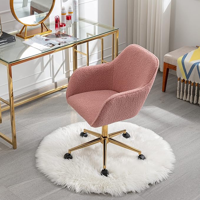 Goujxcy Fluffy Desk Chair, Faux Fur Vanity Chair Swivel Office Chair for Girls Women, Height Adjustable Cute Teddy Furry Makeup Chairs for Bedroom Home Office