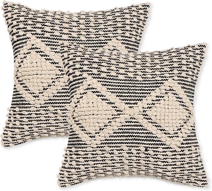 REDEARTH · Handmade Boho Throw Pillow Covers - Bohemian Chic Farmhouse Style - Accent Woven Indoor and Outdoor Cushion Cases for Couch - Bed - Chair - Sofa - Benches – Set of 2-18"x18" - Black