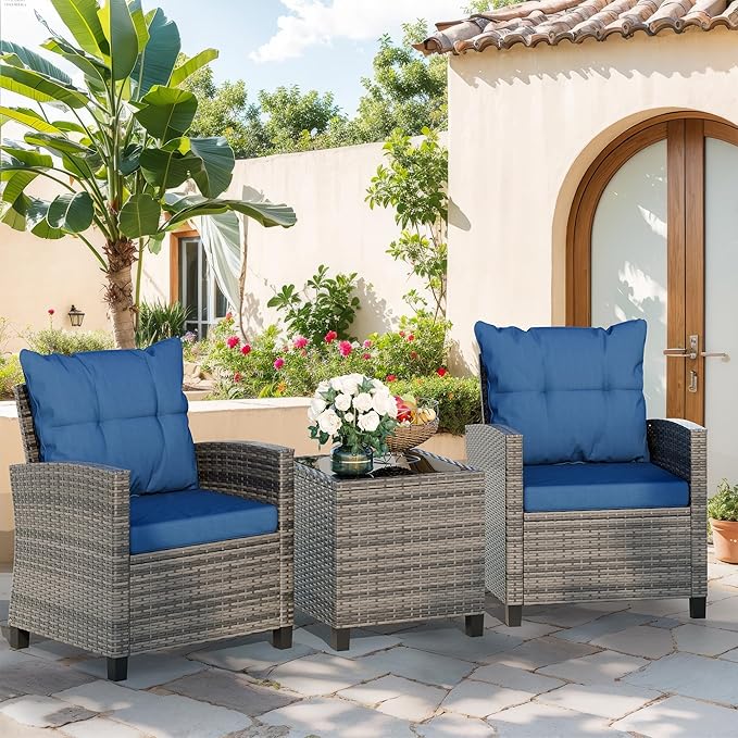 Vongrasig 3 Piece Patio Furniture Set Small Outdoor Wicker Rattan Front Porch Bistro Set Cushioned Patio Chairs Conversation Set with Glass Table for Lawn, Garden, Backyard, Balcony, Poolside (Blue)