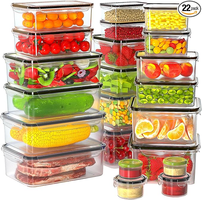 44 PCS Food Storage Containers with Lids Airtight, BPA Free Plastic Meal Prep Containers Reusable, Microwave/Freezer/Dishwasher Safe Leakproof Fruit Vegetables Containers for Kitchen(Black)
