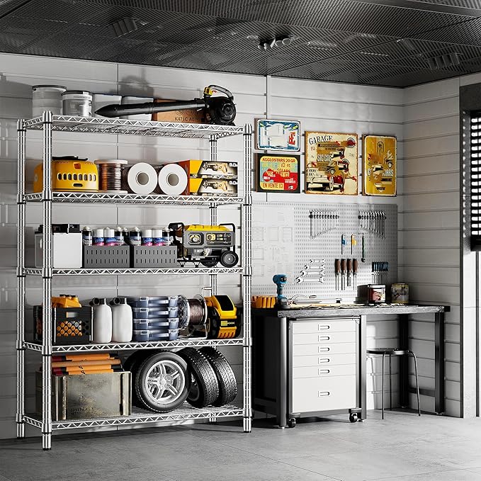 REIBII 5-Tier Wire Shelving - Heavy Duty Metal Shelves for Loads up to 1200LBS, Adjustable Garage & Pantry Storage, 71H X 35.5W X 14D, Chrome