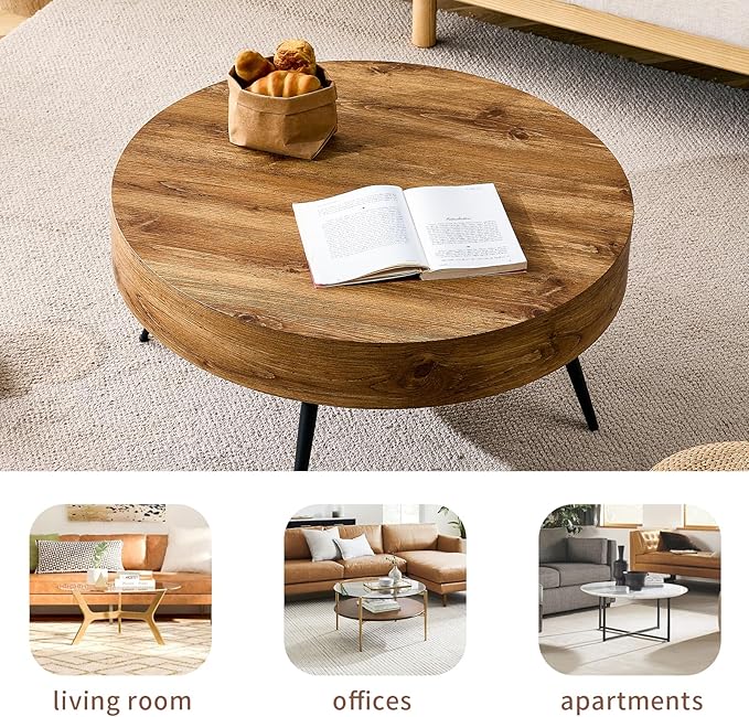 31.5'' Round Coffee Table for Living Room, Wood Texture Table Top, Black Metal Table Legs Tea Table for Dining Room Apartment Small Space (Brown)