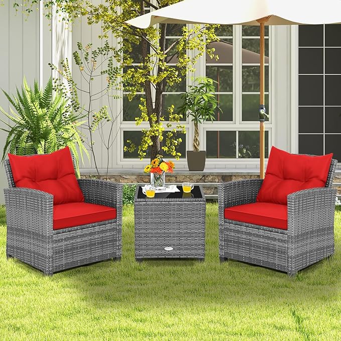 Tangkula 3 Pieces Patio Furniture Set, Outdoor PE Rattan Conversation Chair Set with Tempered Glass Side Table and Removable Cushions, PE Wicker Chairs and Table Set for Porch, Balcony and Garden