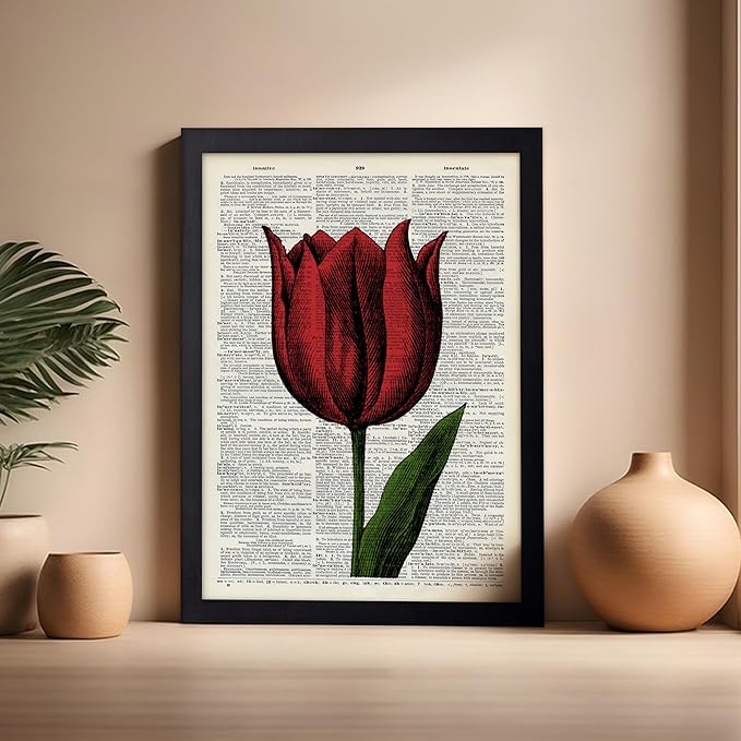 Poster Master Dictionary Art Poster - Tulip Print - Red Flower Art - Floral Art - Gift for Men, Women & Florist - Minimal Decor for Living Room, Bedroom, Dorm or Flower Shop, 16x20 Black Framed