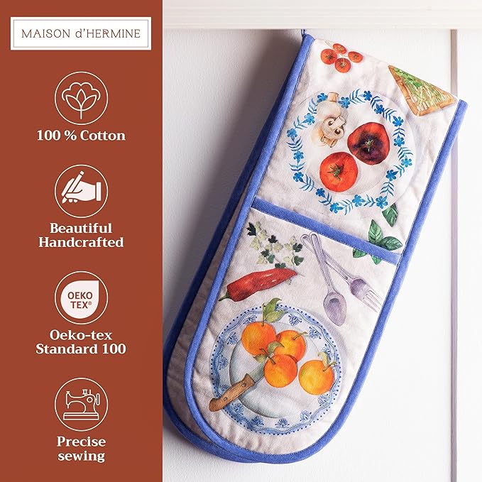 Maison d' Hermine Double Oven Mitts 100% Cotton 7"x35" Double Oven Mitt Heat Resistant BBQ Cooking Gloves with Loop, Baking, Grilling, Home, Kitchen, Handling Hot Pans Spring Summer (Gourmand)