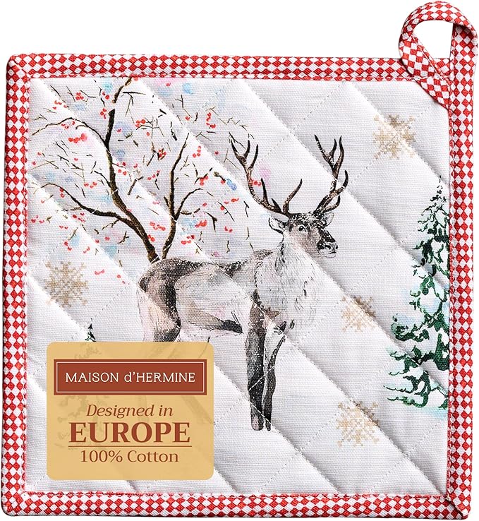 Maison d' Hermine Pot Holders 100% Cotton Heat Resistant Potholders 8" x 8" Hot Pads with Loop for Thanksgiving Christmas Decorations BBQ Cooking Baking Handling Hot Pans (Pack of 1, Rural Christmas)
