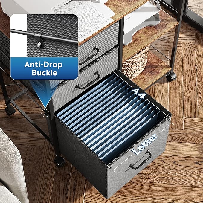 DEVAISE 3 Drawer Mobile File Cabinet, Rolling Printer Stand with Open Storage Shelf, Fabric Lateral Filing Cabinet fits A4 or Letter Size for Home Office, Rustic Brown