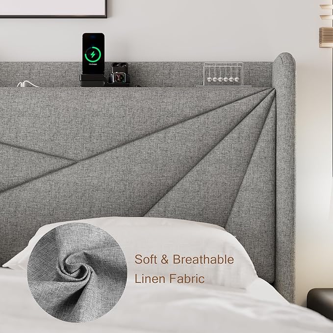 Queen Size Upholstered Bed Frame with Charging Station, Platform Bed Frame with Storage Headboard, Solid Wood Slats Support, No Box Spring Needed, Light Gray