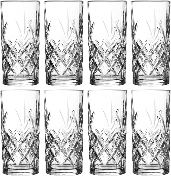 Royalty Art Kinsley Tall Highball Glasses Set of 4, 12 Ounce Cups, Textured Designer Glassware for Drinking Water, Beer, or Soda, Trendy and Elegant Dishware, Dishwasher Safe (Hiball Set Of 4)