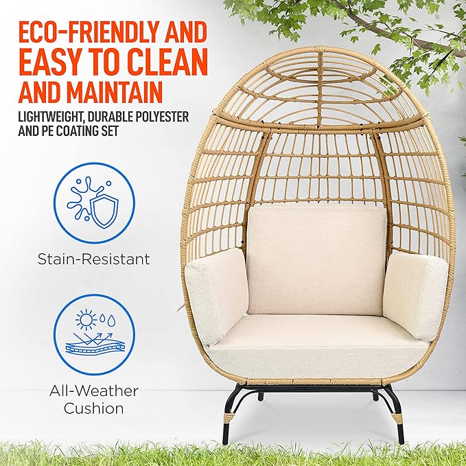 SereneLife Jovial Wicker Rattan Egg Chair,Indoor Outdoor White Sofa Chair for Patio Backyard and Living Room with 4 Cushions and Powder Coated Steel Frame,Woven Texture Contemporary Ribbed Back Design