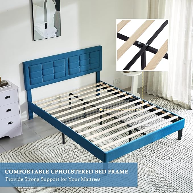 VECELO Full Size Bed Frame with Adjustable Headboard, Upholstered Button Tufted Platform Bedframe with Wood Slats Support, No Box Spring Needed, Aegean Blue