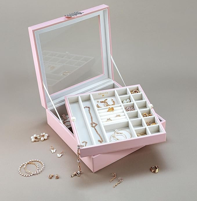 Co 28 Section Jewelry Box - 2 Layer & Buckle Magnet Closure - Large Glass Top - Leather Design - Soft Pink - Jewelry Organizer for Women & Girls - for Earring Ring Necklace & Bracelet