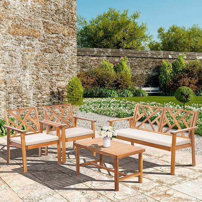 Outdoor Patio Furniture Set, 4 Piece Patio Sofa Bench and 2 Single Sofa Chairs with Table & Padded Cushions, Acacia Wood Outdoor Patio Lounge Conversation Set for Deck Backyard Balcony