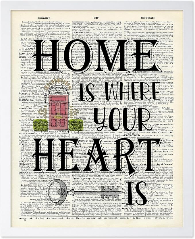 Poster Master Dictionary Art Poster - Home Is Where Your Heart Is Print - Motivational Art - Gift for Men & Women - Inspiring Wall Decor for Dorm, Bedroom or Living Room, 11x14 White Framed