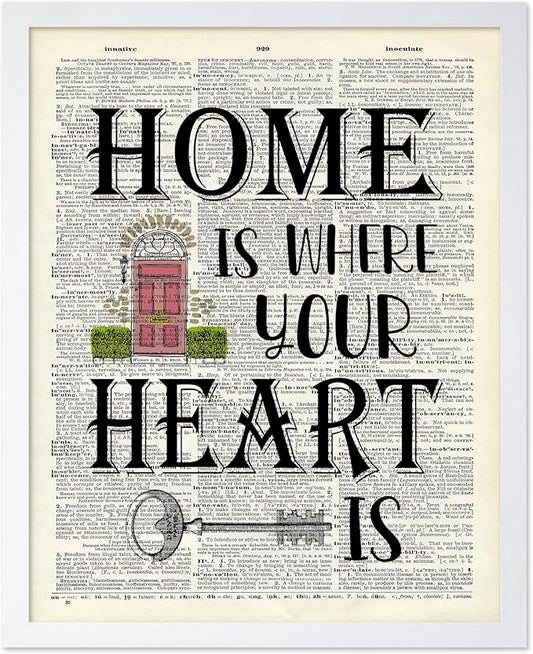 Poster Master Dictionary Art Poster - Home Is Where Your Heart Is Print - Motivational Art - Gift for Men & Women - Inspiring Wall Decor for Dorm, Bedroom or Living Room, 11x14 White Framed