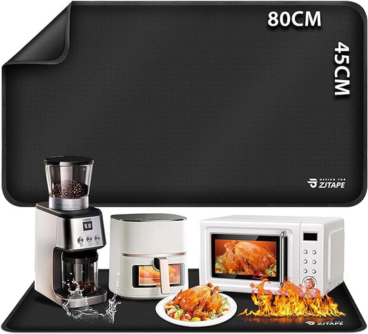 Heat Resistant Mat for Air Fryer Site - 31.5 x 17.7in, Fireproof Silicone Mats for Kitchen Counter, Countertop Protector, Non-slip & Waterproof for Deep Fryer, Oven, Coffee machine (Black)