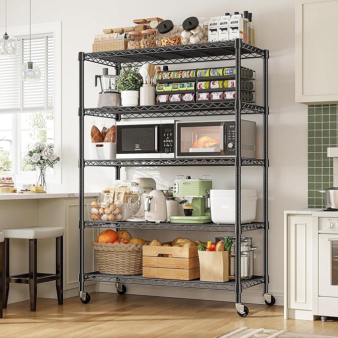 REIBII 76.1" H Storage Shelves Wire Shelving Unit Loads 1653 LBS, Metal Shelving with Wheels & Feet, 5 Tier Adjustable Metal Dorm Storage Shelves for Pantry Kitchen, Garage, Back to School Supplies