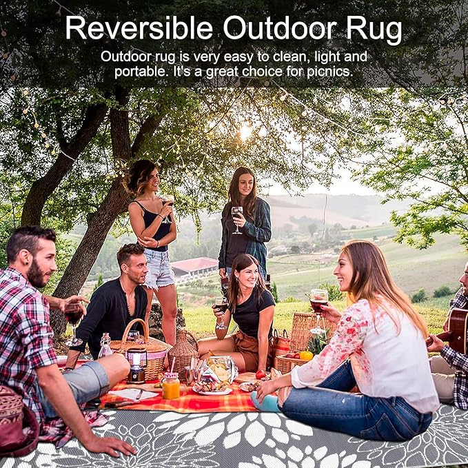 Ileading Reversible Outdoor Rug 6x9Ft Waterproof Patio Rug Carpet Portable Outdoor Plastic Straw Rug Large RV Camping Mat Rug for Patio, Clearance, Deck, Beach, Porch, Camping, Picnic, Flower Grey