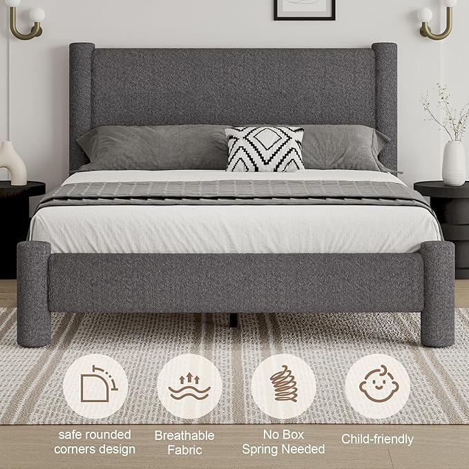 Full Size Bed Frame, Boucle Upholstered Platform Bed with Headboard and Footboard, Soft Rounded Corners, No Box Spring Required, Easy Assembly, Dark Grey