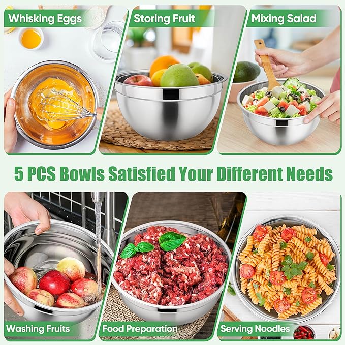 P&P CHEF Mixing Bowl with Airtight Lid Set of 5, 10-Piece Stainless Steel Nesting Salad Bowl Set for Prepping, Mixing and Serving, Size 4.6, 3, 1.5, 1, 0.7 QT, Rimmed Edges & Flat Base, Multicolor