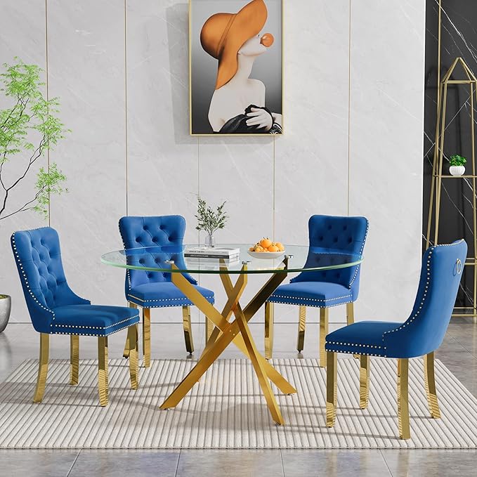 Goujxcy Round Dining Table Set for 4, Modern Glass Kitchen Table and Chairs Set of 4, 5-Piece Dining Room Table Set w/47 Circle Gold Glass Dining Table and 4 Upholstered Velvet Chairs