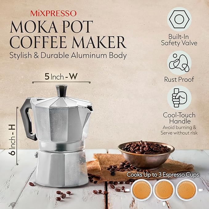 Mixpresso 3 Cup Moka Pot Cuban Coffee Maker, Moka Pot for Gas, Electric Stove Top, Classic Italian Coffee Maker, Stovetop Espresso Maker, Camping Pot Makes 3 Espresso Cup 5 Oz