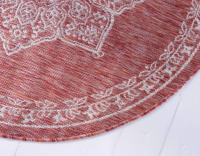 Unique Loom Outdoor Traditional Collection Area Rug - Antique (4' 1" Round, Rust Red/ Gray)