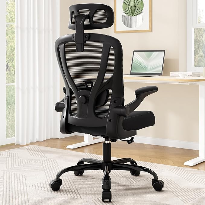 Office Chair Ergonomic Desk Chair - Mesh High Back Office Chair with Headrests Wheels Lumbar Support Home Desk Office Chairs Flip up Armrest Executive Rolling Swivel Task Computer Chair Black