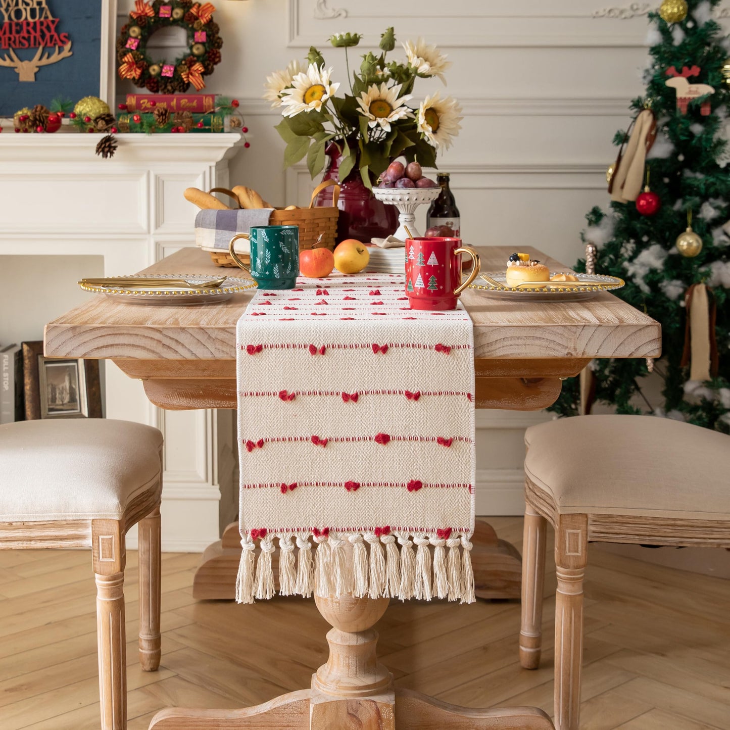 Caflife Christmas Table Runner 72 Inchs Long for Modern Farmhouse Room Home Christmas Decorations, Boho Red Table Runner, Natural Cotton Woven with Tassels for Holiday Kitchen and Dining Table Decor