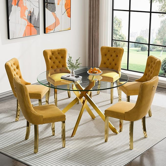Goujxcy Round Dining Table Set for 6, Modern Glass Kitchen Table and Chairs Set of 6, 7-Piece Dining Room Table Set w/47 Circle Gold Glass Dining Table and 6 Upholstered Velvet Chairs