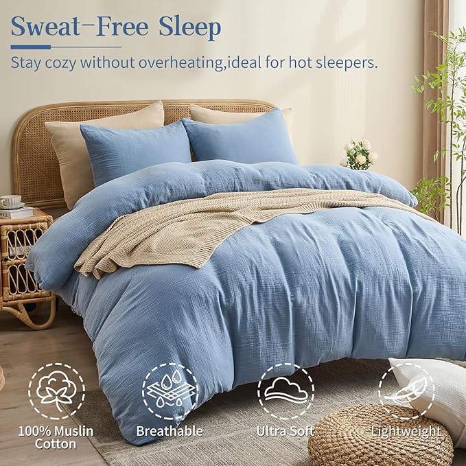 MEISHANG Muslin Duvet Cover King Size - 100% Organic Cotton, Soft Textured Gauze Weave Comforter Cover for Breathable All-Season with Zipper Closure - 3 Piece Set (King, Smoky Blue)