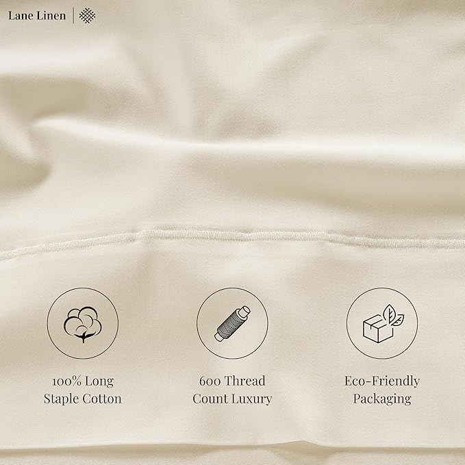 LANE LINEN 100% Cotton 600 TC Soft Twin Bedding Sheets & Pillowcases Set- Sateen Weave Fully Elasticized 15 inch Deep Pocket Twin Sheets, Hotely Like Think Natural Cooling Bedding- Ivory