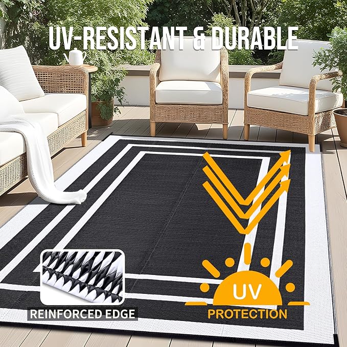 OLANLY Outdoor Rug 9x12 ft Waterproof, Reversible Outdoor Plastic Straw Rug, RV Mat, Indoor Outdoor Carpet Clearance for Patio, Camping, Balcony, Deck, Backyard, Black & White