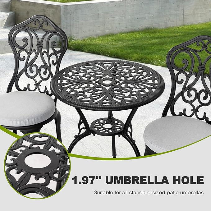 NUU GARDEN Patio 3-Piece Bistro Set with Olefin Cushions, Patio Chairs and Outdoor Round Table with Umbrella Hole, Cast Aluminum Patio Set for Lawn, Garden, Porch, Poolside, Black