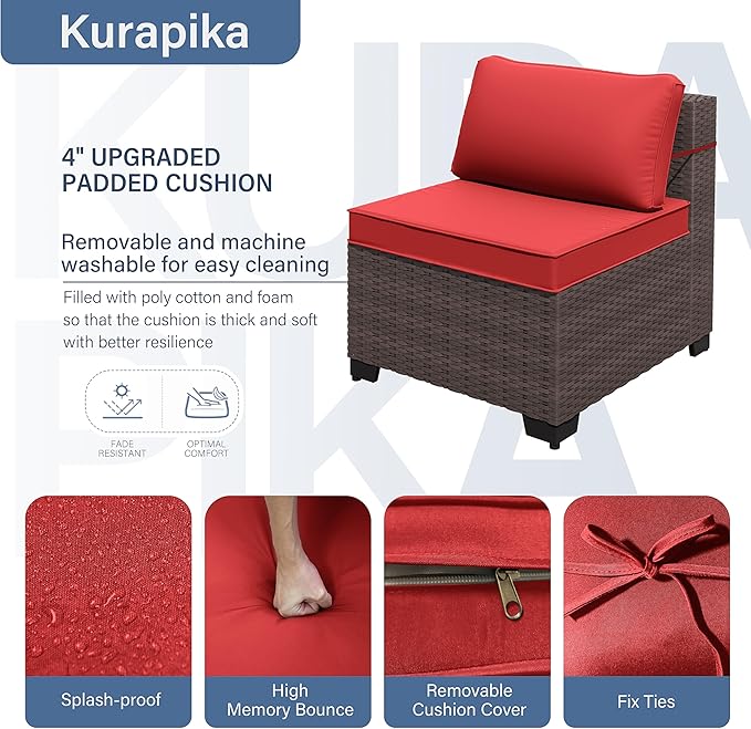 Kurapika 7 Pieces Patio Furniture Set, Rattan Wicker Outdoor Conversation Sets w/4 Inch Cushion and Glass Coffee Table(Red)