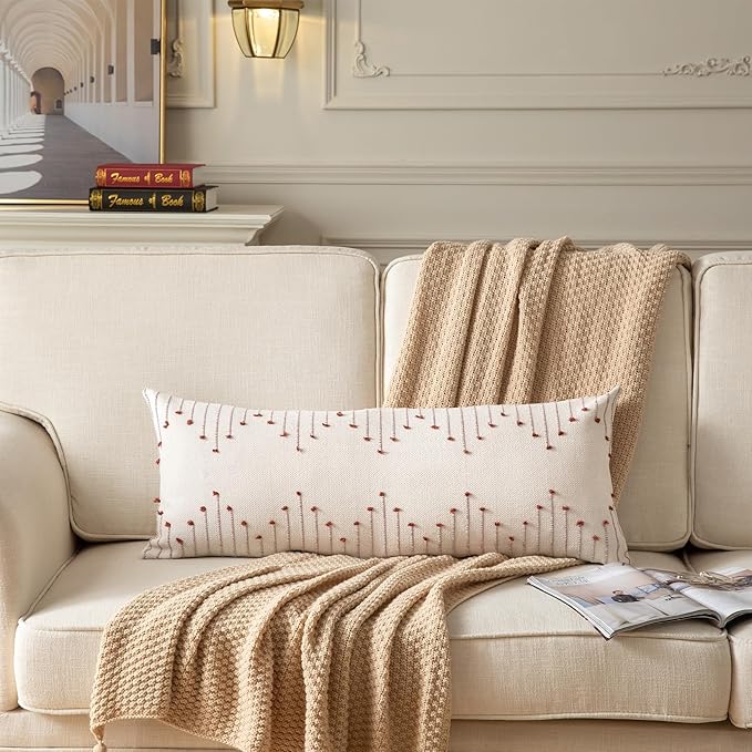 Boho Lumbar Pillow Cover 14x36 Long Pack of 1 Decorative Pillows Bed, Beige with Rust Body Throw Pillow Covers, for Modern Farmhouse Sofa Bedroom Living Room Home Decor Couch Pillowcase
