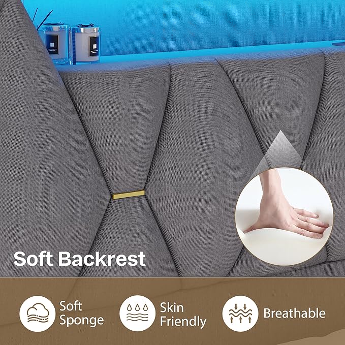 California King Bed Frame, Platform Bed Frame with Storage Headboard and LED Lights, Upholstered Headboard & Charging Station,Metal Support,No Box Spring Needed, Noise-Free, Easy Assembly, Gray