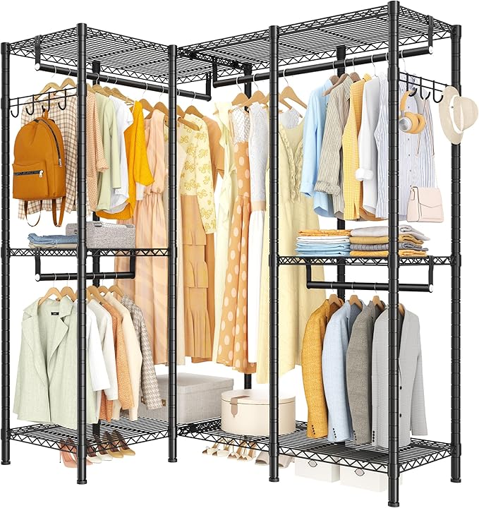 Raybee Clothes Rack Heavy Duty Clothing Racks for Hanging Clothes Loads 1100LBS, Garment Rack Freestanding for Bedroom, 75" H x 75" W x 15.7" D, Black