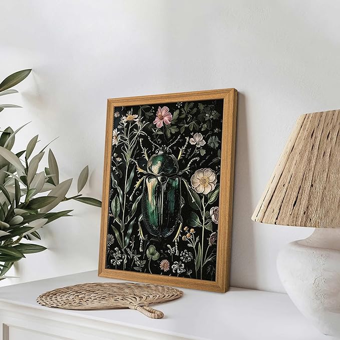 Framed Vintage 3D Textured Wall Art - Gothic Dark College Beetle Wall Decor - Hand Drawn Sandstone Nature Botanical Pictures for Living Room Bedroom Home Decor 8x10in
