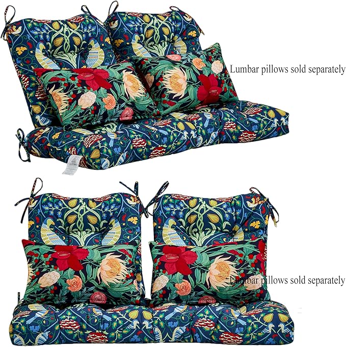 ADLIVWYD 3-Pieces Wicker Chair Cushion Set, 1 loveseat and 2 U-Shape, 44"x19" &19"x19" Tufted Outdoor Cushions for Indoor/Outdoor Patio Furniture (Blue Bird Floral)