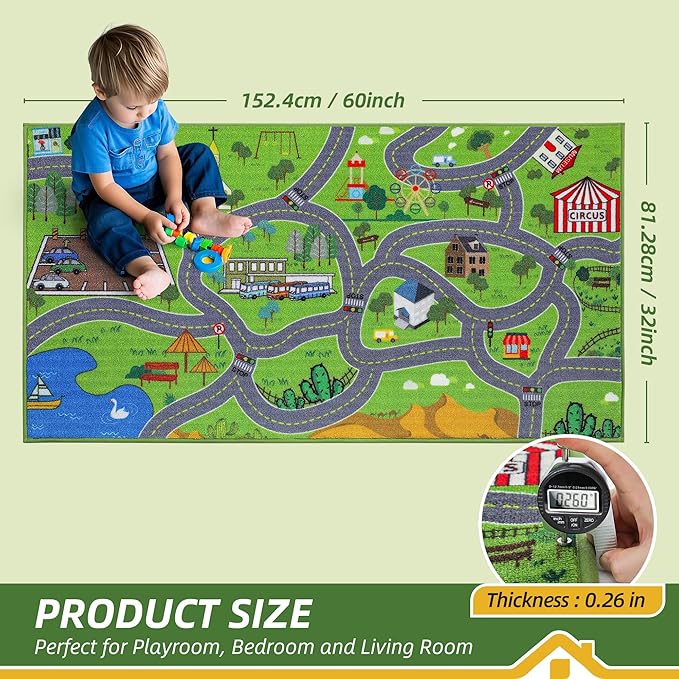 BEQHAUSE Kids Play Mat, Green City Map Race Track Children Rugs Great for Playing with Cars, 32”x60” Play Area Rug Road Rugs for Kids Bedroom, Toddler Classroom and Baby Playroom