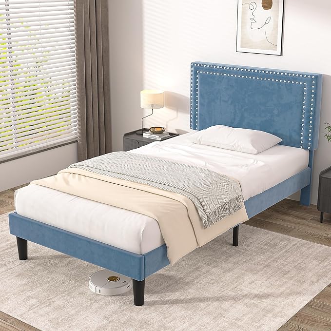 VECELO Twin Size Platform Bed Frame with Adjustable Upholstered Headboard, Modern Mattress Foundation, Strong Wood Slat Support, No Box Spring Needed, Easy Assembly