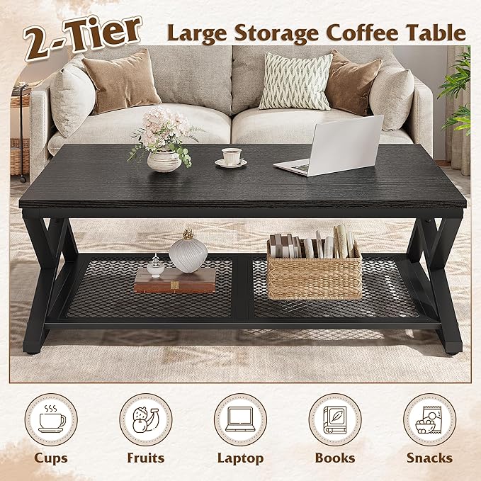 EnHomee Coffee Table with Storage, Modern Coffee Tables for Living Room with Mesh Shelf, 2 Tier Rectangular Center Table for Living Room, Bedroom, 39.4 Inch, Black Oak