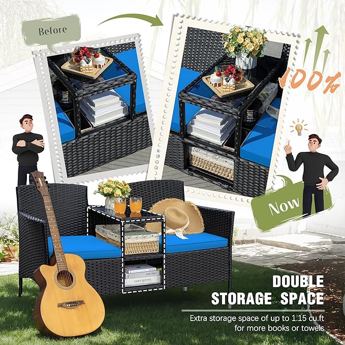 Greesum Patio Loveseat Outdoor Wicker Furniture Conversation Set with Soft Cushions & Built-in Coffee Table for Lawn Garden Backyard, Blue