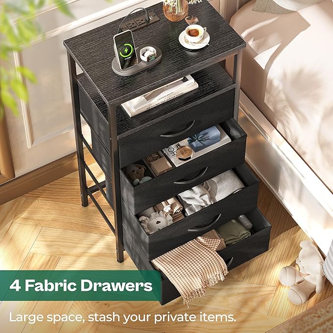 Huuger Night Stand with Charging Station, 4 Drawer Dresser for Bedroom, Bedside Table, 33.9 Inch Tall Nightstand with Open Shelf, End Table, for Closet, Entryway, Bedroom, Black 8055BC