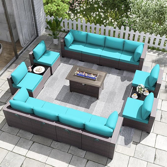 Kurapika 15 Pieces Patio Furniture Set, Rattan Wicker Outdoor Conversation Sets w/43in Propane Fire Pit Table and 4 Inch Cushion(Blue)