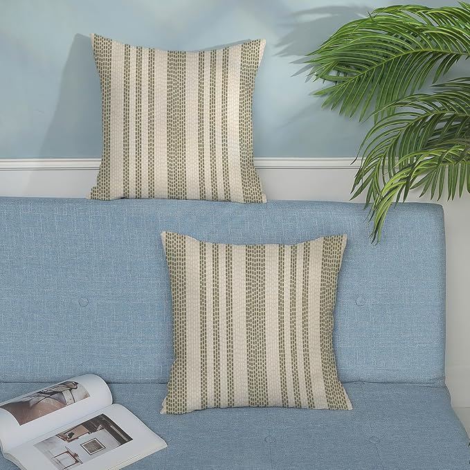 Boho Pillow Covers 18x18 Pack of 2 Sage Green Polka Dot Stripes Throw Pillow Covers Bohemian Abstract Modern Decorative Pillowcase Farmhouse Linen Cushion Case for Home Sofa,Outdoor Decoration