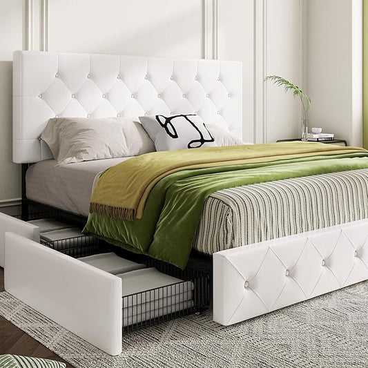 MUTICOR King Size Bed Frame with 4 Storage Drawers, Upholstered Platform Bed with Button Tufted Adjustable Headboard, No Box Spring Needed, Easy Assembly, Diamond Tufted, White Leather