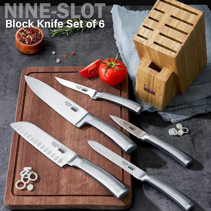 Cooks Standard Kitchen Knife Set with Block 6-Piece, Stainless Steel Forge High Carbon German Blade with Expandable Bamboo Storage Block for Extra Slots, Silver